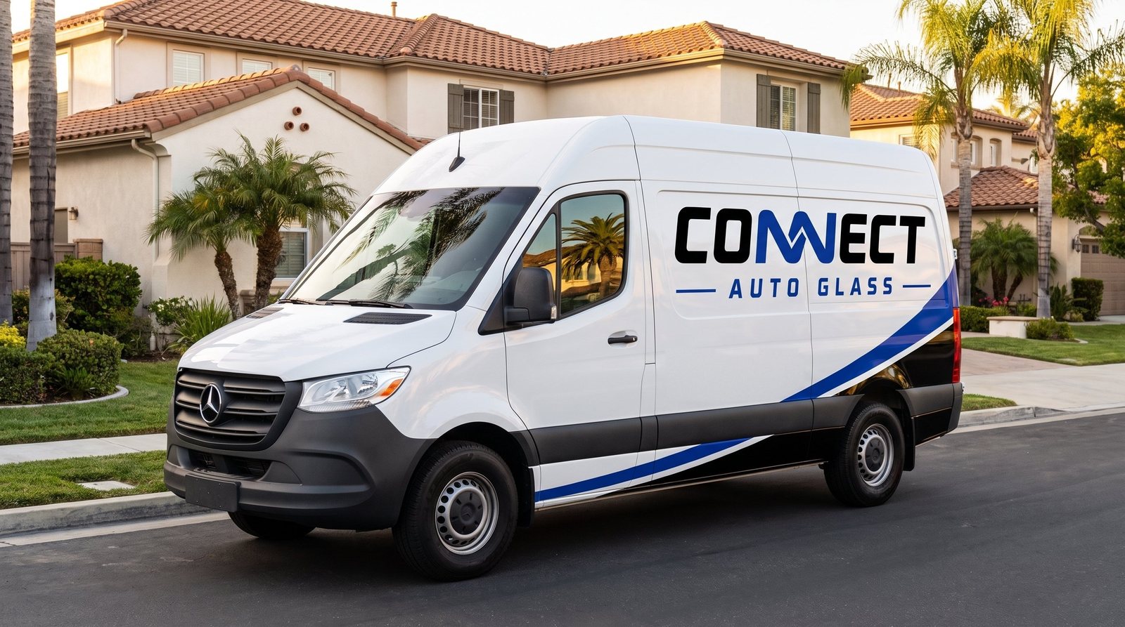 The Connect Auto Glass mobile service van parked on a San Diego street